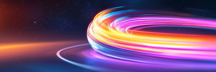 Poster - A glowing orb at the center of a curved road, casting orange, red, and purple streaks of light that