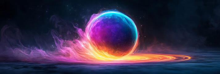 Aufkleber - A glowing orb at the center of a curved road, casting orange, red, and purple streaks of light that
