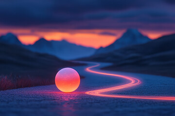 Aufkleber - A captivating close-up of a glowing orb on a winding road, emitting streaks of orange, red, and