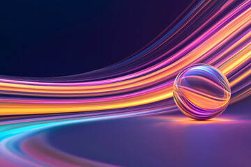 Poster - A glowing orb at the center of a curved path, radiating streaks of orange, red, and purple light,