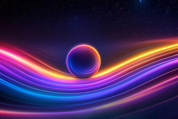 Poster - A glowing orb at the center of a curved path, radiating streaks of orange, red, and purple light,