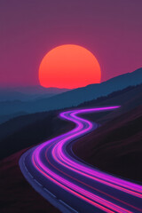 Aufkleber - A glowing orb on a curved road, radiating streaks of vibrant orange, red, and purple light, with