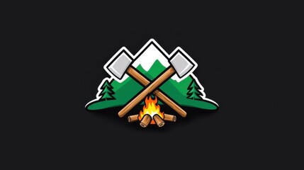 Wall Mural - Pixel Art Campfire Scene with Crossed Axes and Mountains