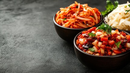 Wall Mural - Three bowls filled with vibrant side dishes, featuring kimchi, pickled cabbage, and other vegetables, showcasing a delightful blend of flavors and textures.