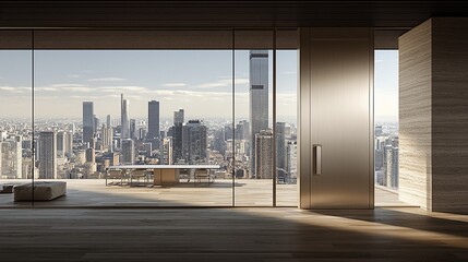 Canvas Print - Modern penthouse apartment with city view; dining area; sunrise