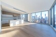 © kribbox - Modern Manhattan kitchen, city view, sunlight, hardwood floor, luxury condo
