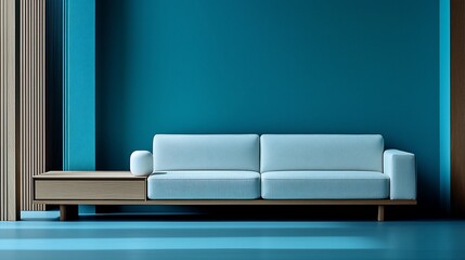 Wall Mural - Modern white sofa in teal room, sunlight, minimalist interior design, home decor