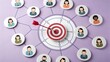 © MDJEWEL - Target, bullseye, networking, people icons, circular nodes, connections, arrows, business concept, colorful circles, purple background, strategic marketing, customer targeting, social network,