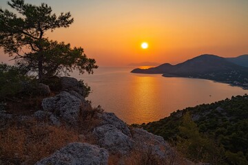 Wall Mural - Sunset coastal view from clifftop, Mediterranean sea, golden hour, tree silhouette, travel poster