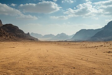 Wall Mural - wadi rum desert landscape, tire tracks, mountains, sunny day, travel background