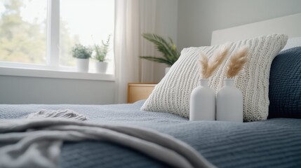 Poster - Delicate white vases hold fresh flowers and a fragrance diffuser atop a nightstand next to a softly glowing lamp in a serene bedroom