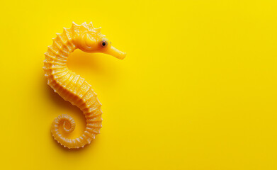 Wall Mural - A bright yellow seahorse with an elegant curled tail isolated against a vivid yellow background.