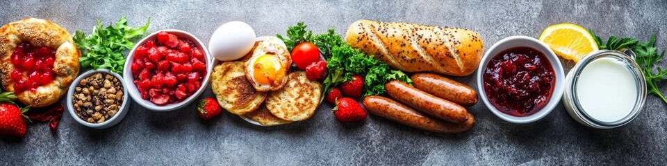 Wall Mural - Dynamic Breakfast Composition With Variety Of Plates, Featuring Sausage, Eggs, Hash Browns, And More