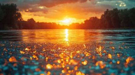 Wall Mural - broken glass on the background of the sunset sky and the river