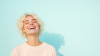 Poster - relaxed candid moment of androgynous individual laughing their head tilted back slightly