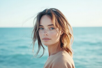 Wall Mural - woman with serene gaze standing by ocean deep in thought