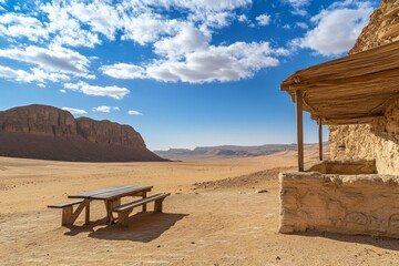 Wall Mural - desert picnic table, rocky landscape, sunny day, rest stop, travel