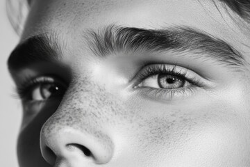 Wall Mural - black-and-white close-up of androgynous face highlighting delicate features and expressive eyes