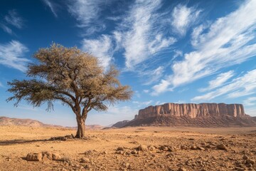 Wall Mural - lone desert tree, sandstone cliffs, sunny sky, travel poster