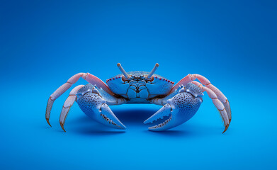 A blue crab with sharp claws and intricate textures standing against a vivid blue background.