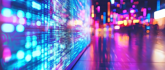 Digital display in urban setting. Nighttime glow.  Possible use Technology, design