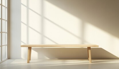 Wall Mural - Light wood bench, sunlit room, minimalist interior, design mockup