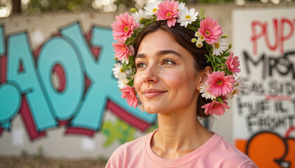 Joyful teenage girl with flower garland in urban graffiti setting, youthful vibrancy