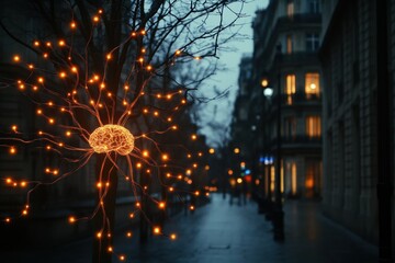 Leinwandbilder - Scientific depiction of the brain and nervous system highlighting glowing neuron pathways and electrical pulses at twilight. Generative AI