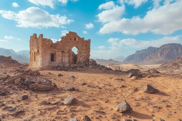 Desert Ruin Ancient stone structure amidst mountains under a sunny sky