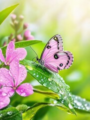 Wall Mural - Delicate pink butterfly perched on vibrant green leaf beside bright pink flowers adorned with morning dew, evoking tranquility and the beauty of nature concept