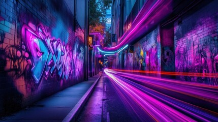 Wall Mural - Neon-lit city alley; graffiti art; light trails; urban night scene; stock photo