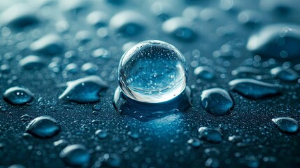 Wall Mural - close-up of a glass sphere on a dark surface with water droplets: a study in serenity and reflection