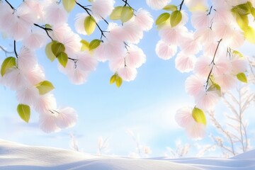 Wall Mural - Soft pink blossoms hang gracefully against a bright blue sky, framed by gentle leaves, creating a serene scene that captures the essence of springtime's beauty and renewal concept