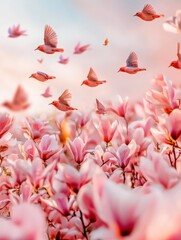 Wall Mural - Pink magnolia flowers bloom vibrantly under a colorful sky while birds soar gracefully above, creating a serene spring morning atmosphere, nature's beauty concept