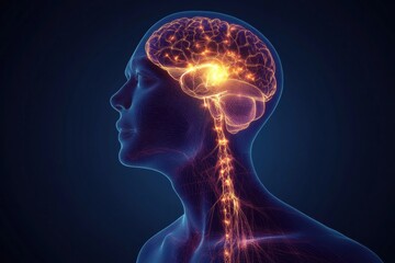 Leinwandbilder - Detailed scientific illustration of brain and nervous system with glowing neuron pathways and electrical activity representation. Generative AI