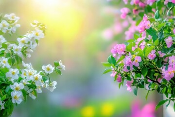 Wall Mural - Blooming flowers in soft pastel colors create a serene spring ambiance, with lush green foliage under gentle sunlight, showcasing nature's beauty and tranquility concept.