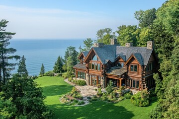 Wall Mural - Log house on hill with trees, overlooking water view. For real estate, travel