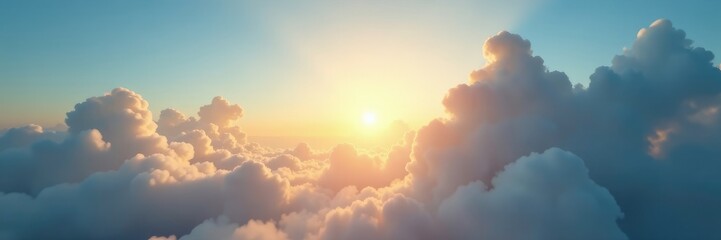 Wall Mural - Morning sun shines through cloudy sky with blue horizon, light, natural, warm