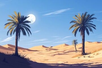 Wall Mural - desert oasis palm trees under daytime moon, sand dunes background, travel poster