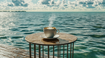 Canvas Print - A white coffee cup sits on a table by the ocean