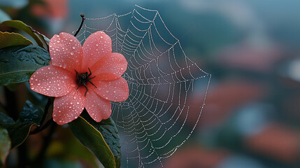 Pink flower with dewdrops next to an intricate spider web