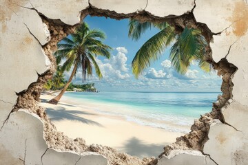 Wall Mural - Beach seen through wall hole, view of sand and ocean, could be used as a poster