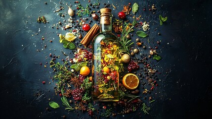 Poster - Herb-infused oil bottle, spices, dark background; food recipe