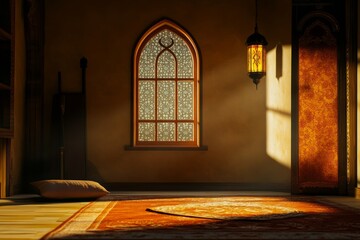 Sunlit Islamic prayer room interior, stained glass, carpet, peaceful