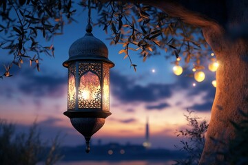 Wall Mural - Ramadan lantern hanging olive tree, sunset city