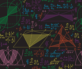 Wall Mural - multicolored vector seamless pattern with handwritten mathematical formulas, equations and figures