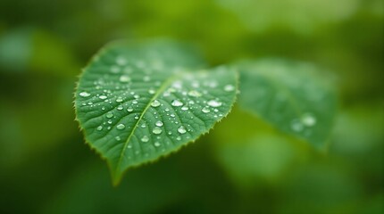 Fototapete - A close-up of a vibrant green leaf adorned with numerous water droplets, set against a blurred green background.