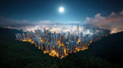 A panoramic view of a bustling cityscape at night, with illuminated office buildings symbolizing economic growth and business opportunities.
