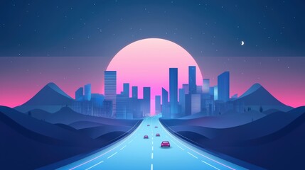 Sticker - A cityscape at night with illuminated skyscrapers, highways filled with cars, and a vibrant skyline representing urban development and economic prosperity.