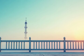 Wall Mural - Sunrise Mosque Minaret Peaceful Foggy Waterfront Calm